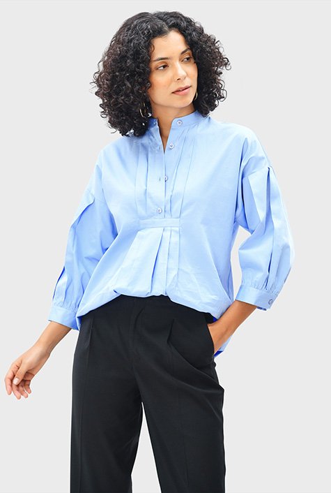 Shop Pleat sleeve cotton sateen pleat front tunic