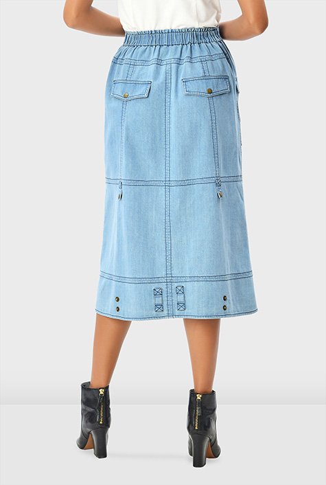 Plus High Waist Button Front Flap Pocket Denim Skirt