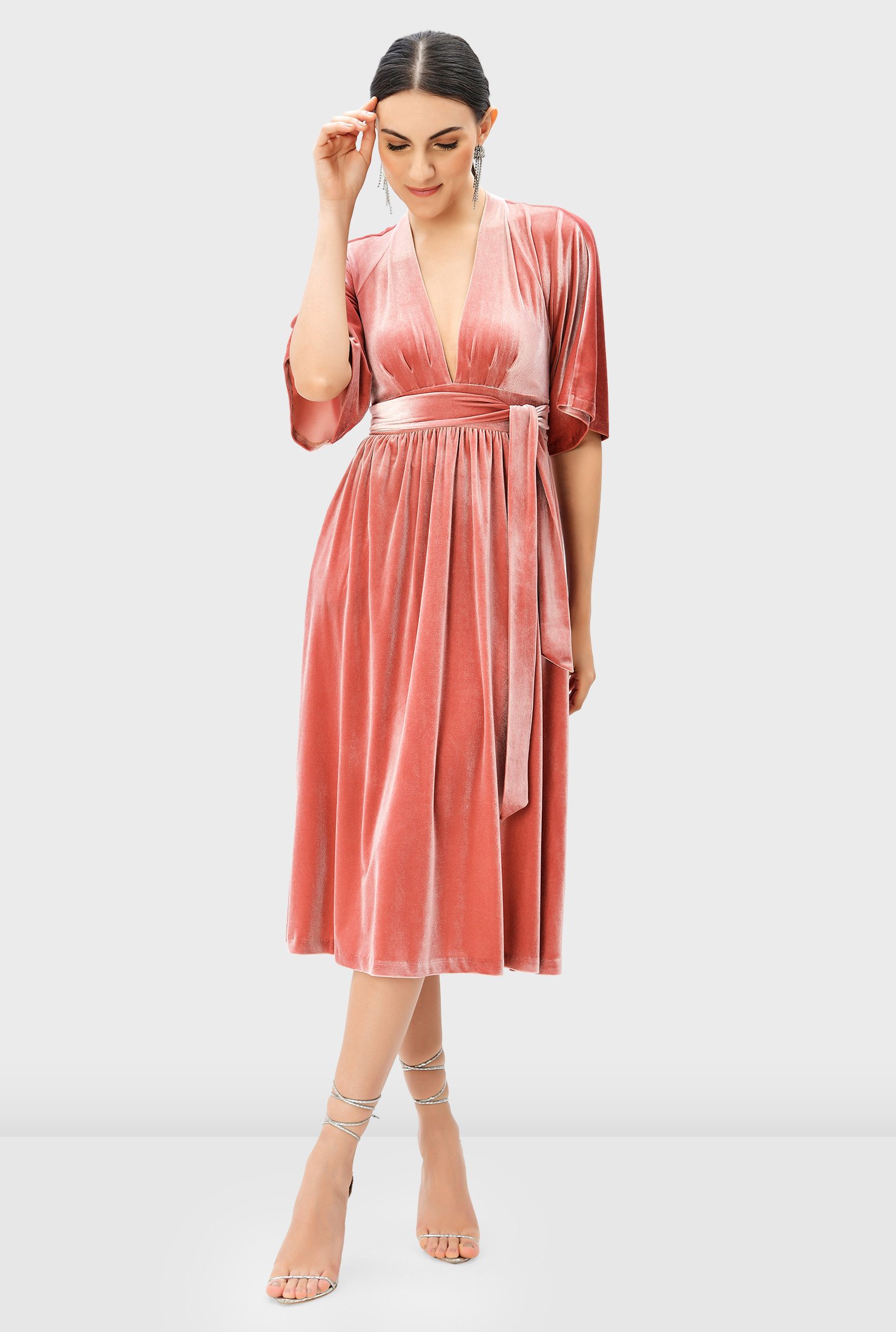 Shop Plunge stretch velvet sash tie dress | eShakti
