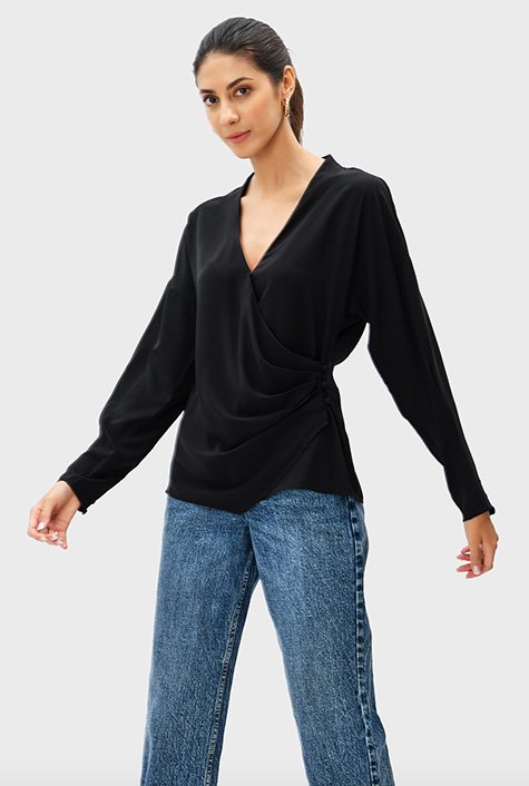 Missguided Tall Black Satin Wrap Around Crop Shirt - ShopStyle T-shirts