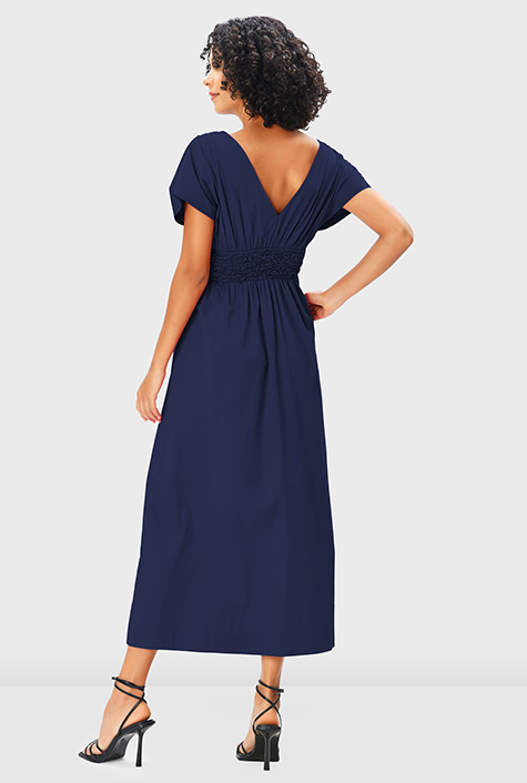 MALBON ♥ [WOMAN] V-neck airdot piste /追跡付 Shop Cotton poplin smocked waist dress | eShakti
