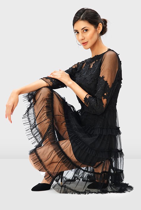Lace embellished sheer tulle ruffle frill tiered dress