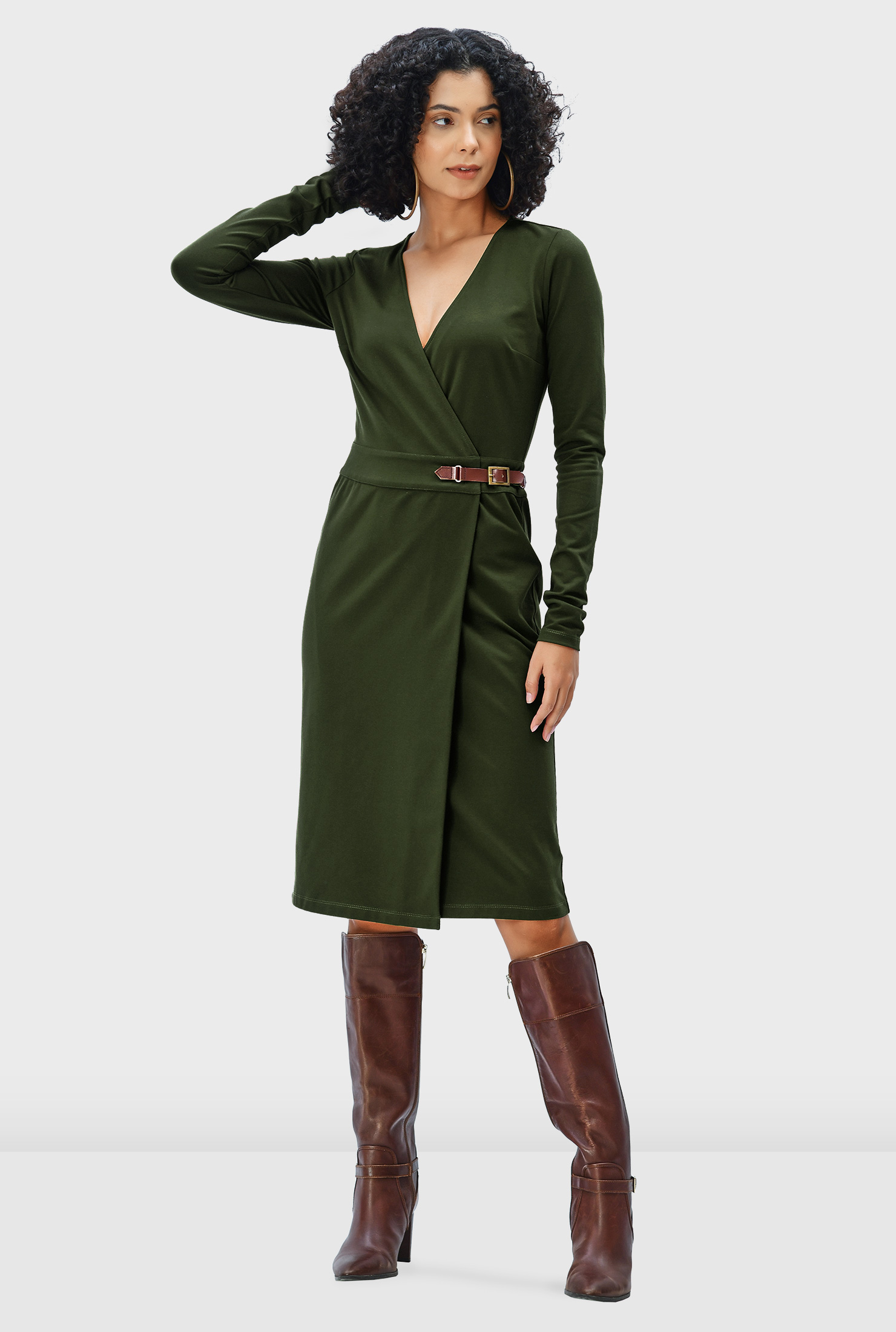 Shop Buckle closure cotton jersey wrap dress eShakti
