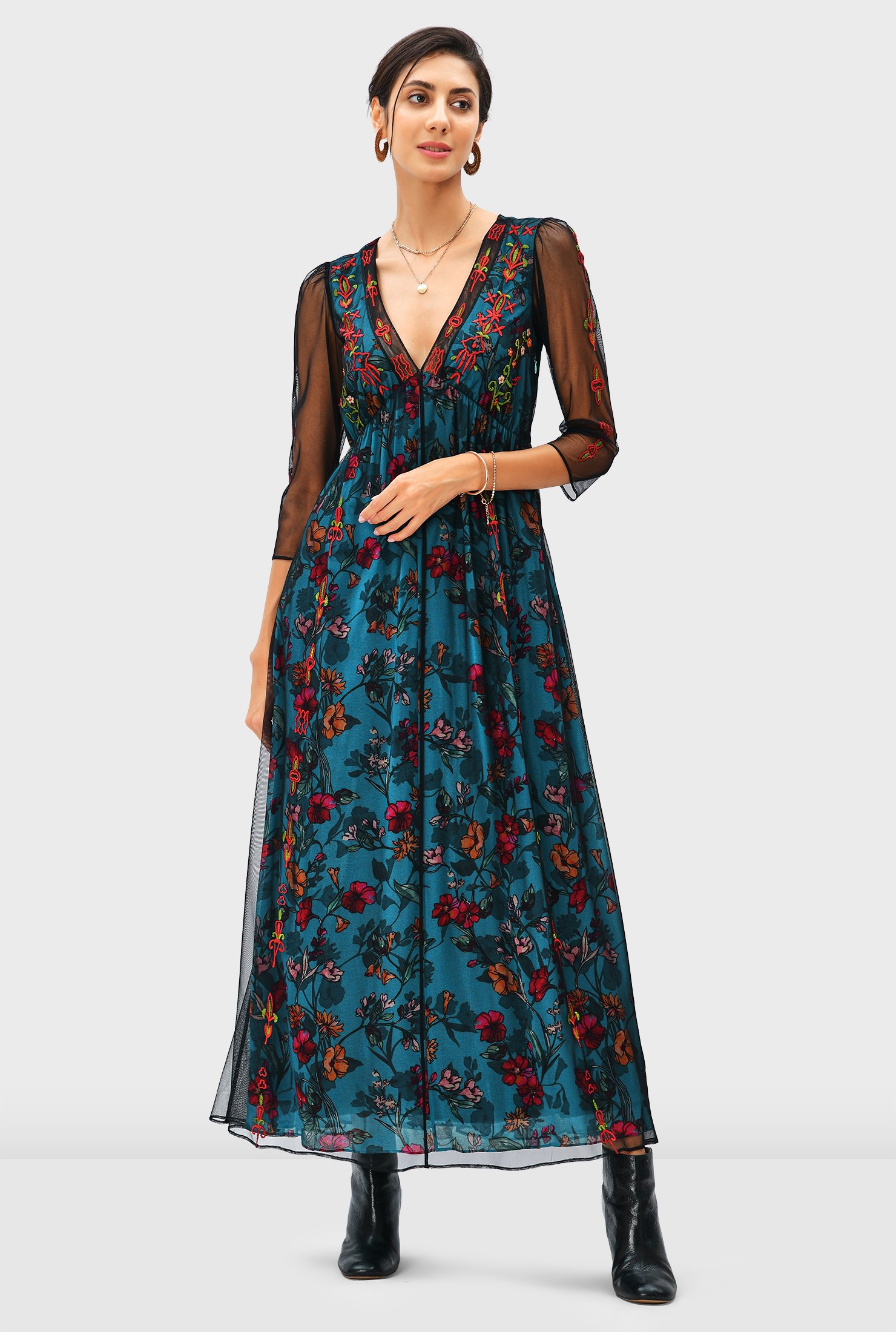 Black floral georgette dress with dupatta - set of two by Magizham | The  Secret Label