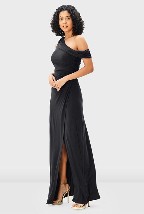 Shop Off-one-shoulder jersey knit tulip hem dress | eShakti