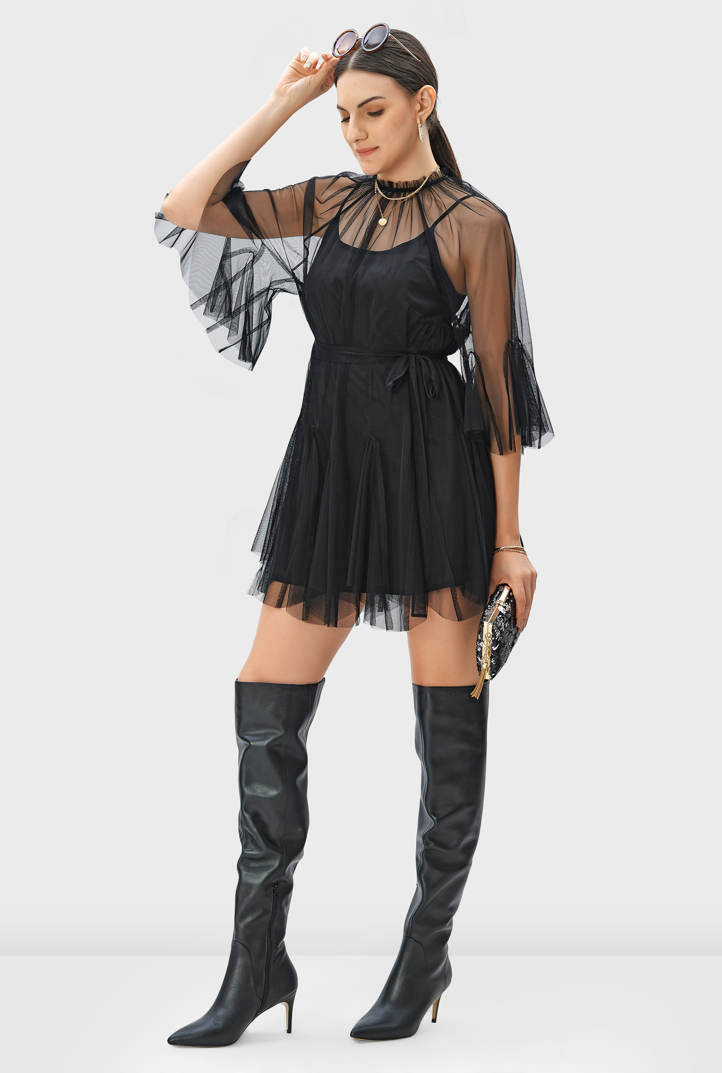 Shop Ruched tulle sash tie godet shift dress | eShakti