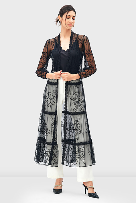 Shop Lace trim floral embroidery tulle long tiered duster