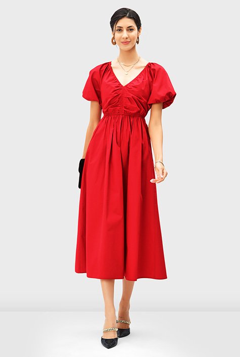 Shop Puff sleeve cotton poplin elastic ruched dress | eShakti