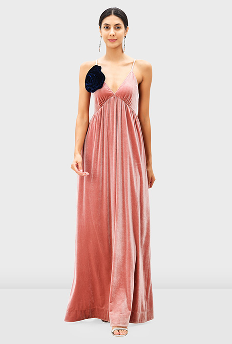 Shop Rosette applique stretch velvet empire maxi dress | eShakti