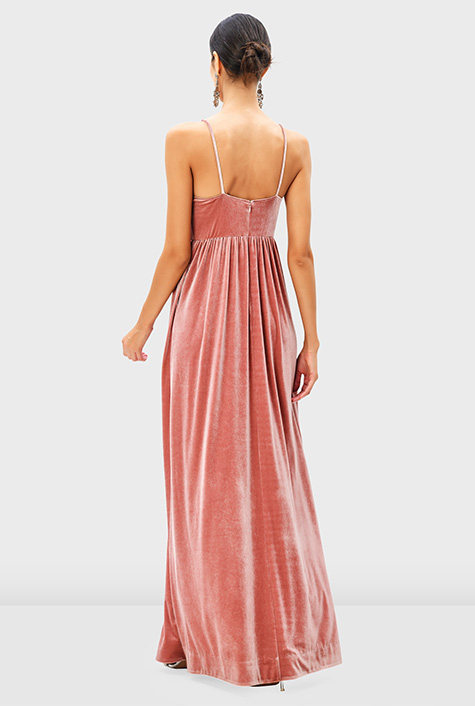 Shop Rosette applique stretch velvet empire maxi dress | eShakti