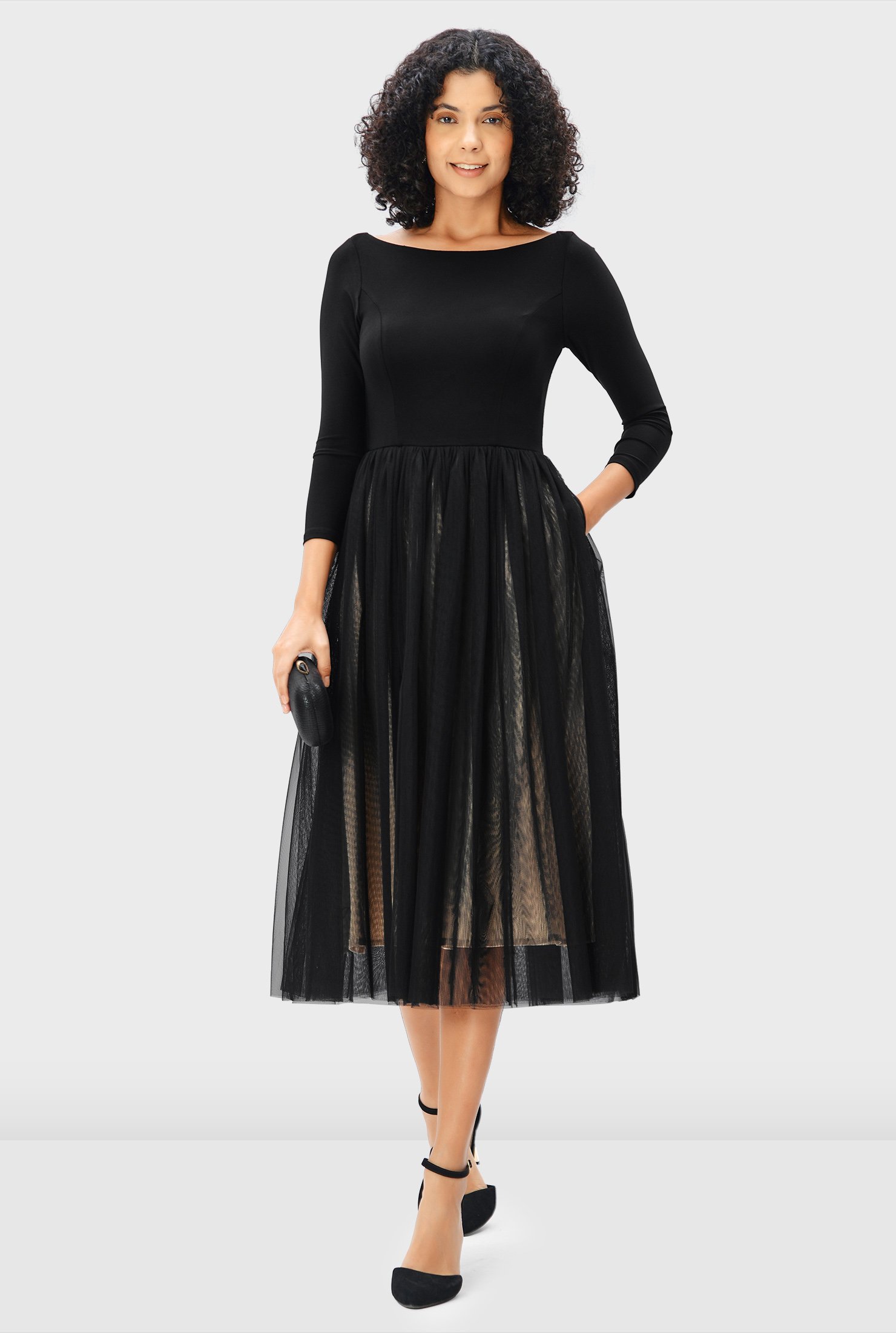 Shop Jersey knit and layered tulle fit-and-flare dress | eShakti