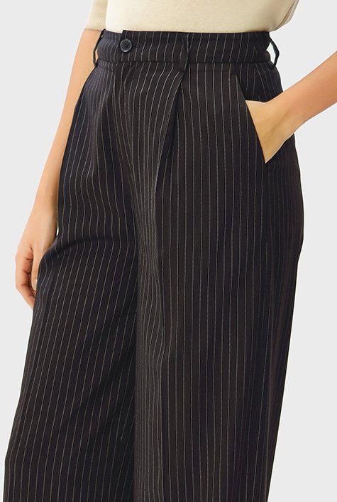Women's black high-waist wide-leg pinstripe trousers