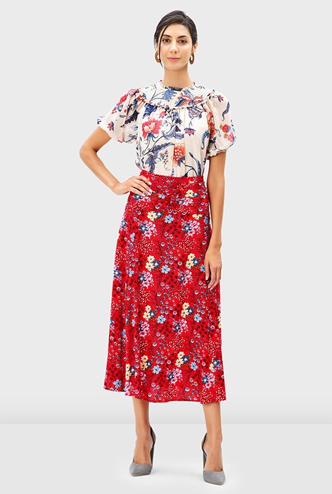 Shop Ruched drop waist floral print rayon skirt eShakti