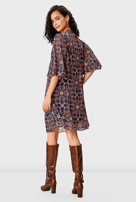 Shop Floral Tile Print Georgette Pintuck Shift Dress Eshakti 1343