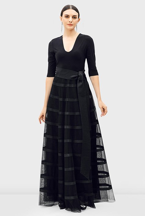 Jersey knit and dupioni ribbon trim tulle maxi dress