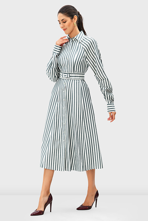 Shop Cotton twill stripe wide belt shirtdress | eShakti