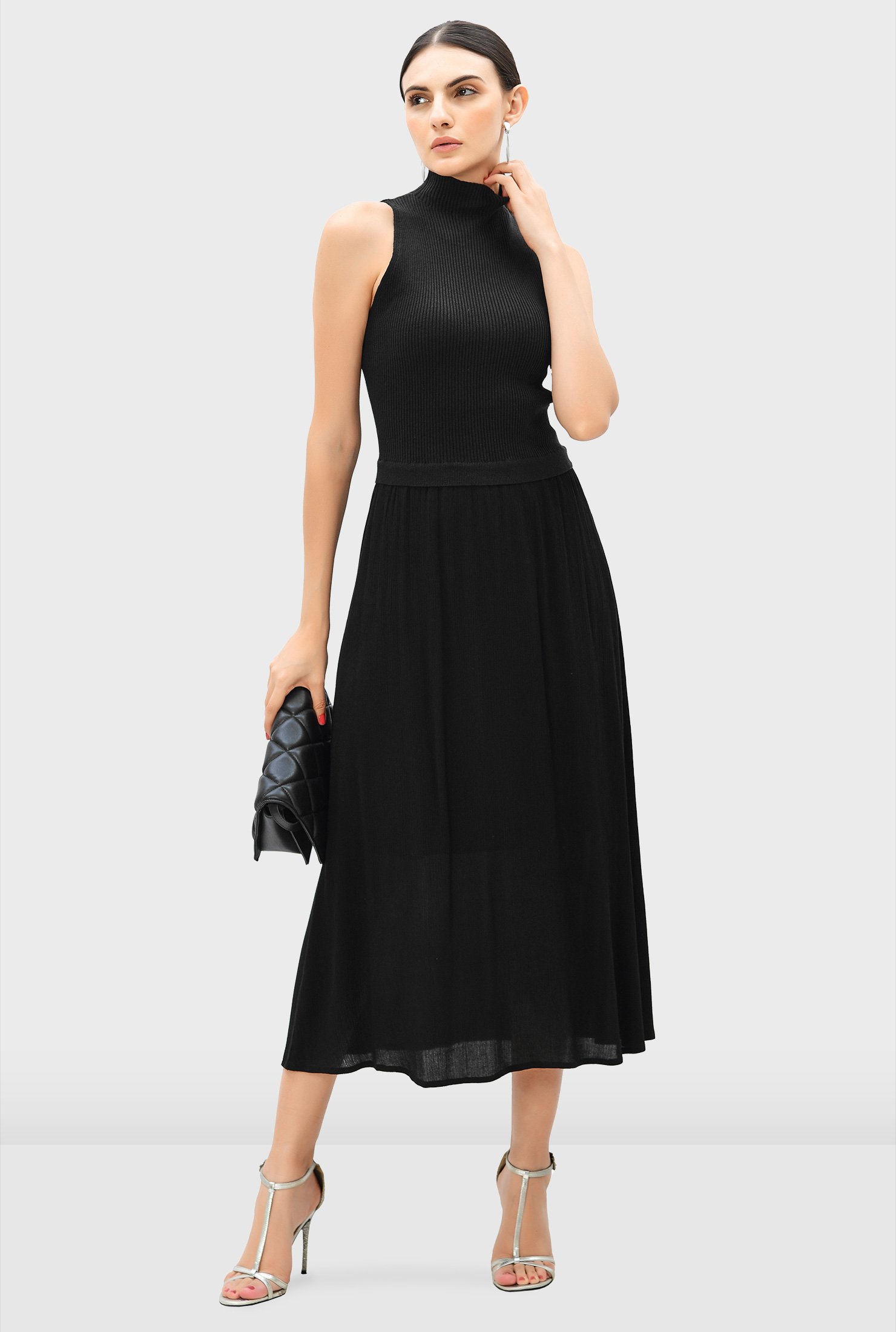 High neck mixed media fit-and-flare dress