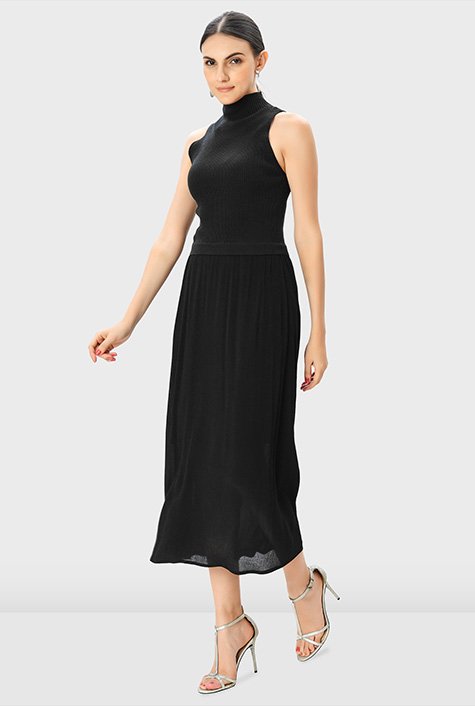 High neck mixed media fit-and-flare dress