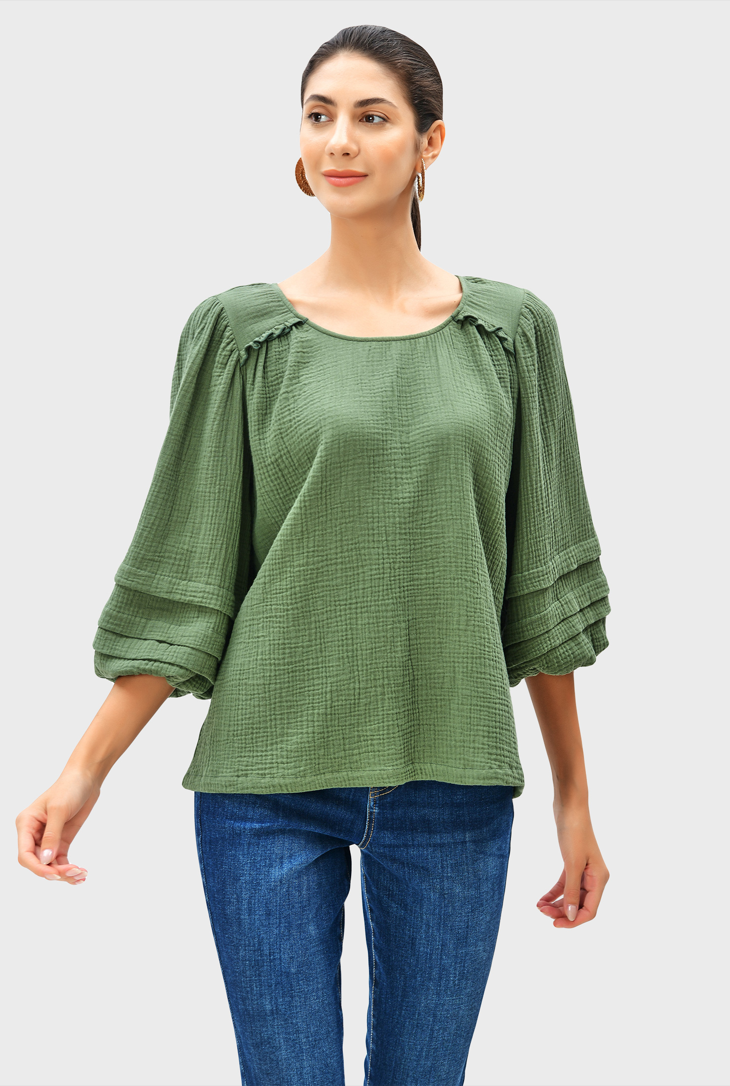 Shop Ruffle frill double gauze cotton blouse | eShakti