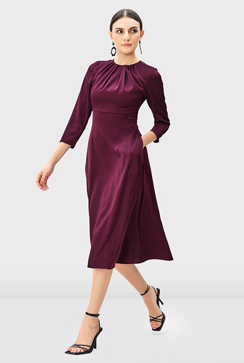 Pleat neck satin crepe empire dress