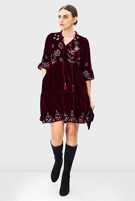 Shop Floral embroidery tiered velvet dress | eShakti