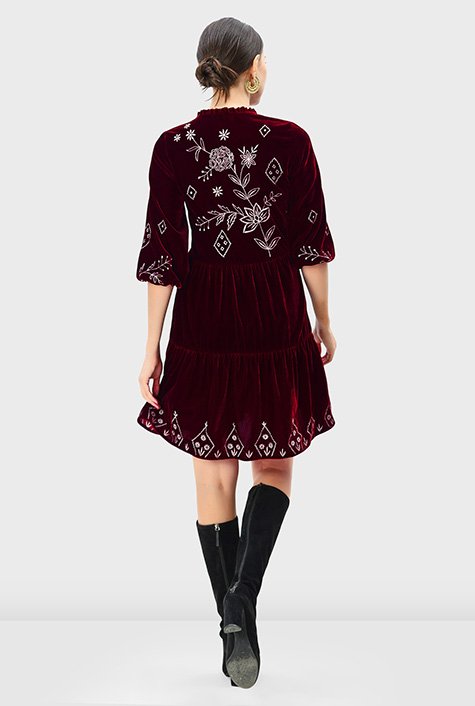 Floral embroidery tiered velvet dress