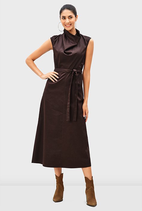 Drape neck cotton sateen A-line dress