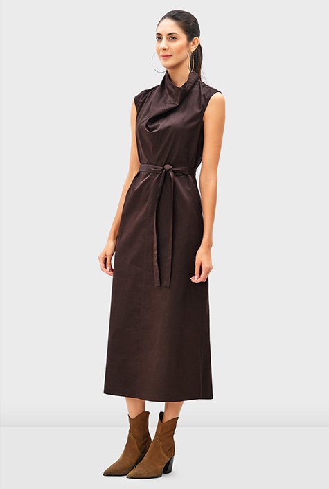 Drape neck cotton sateen A-line dress