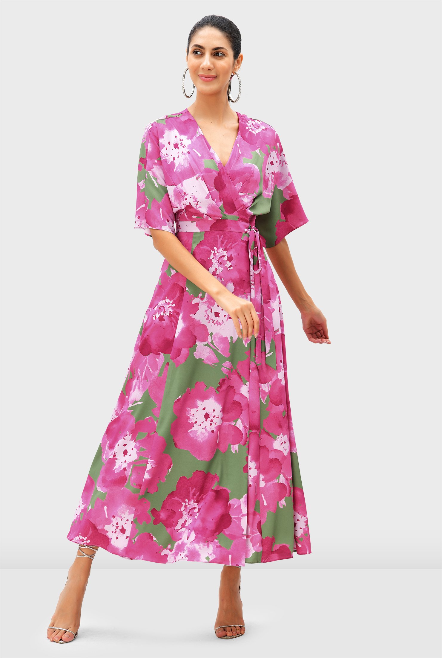 Shop Dolman sleeve floral print crepe wrap dress