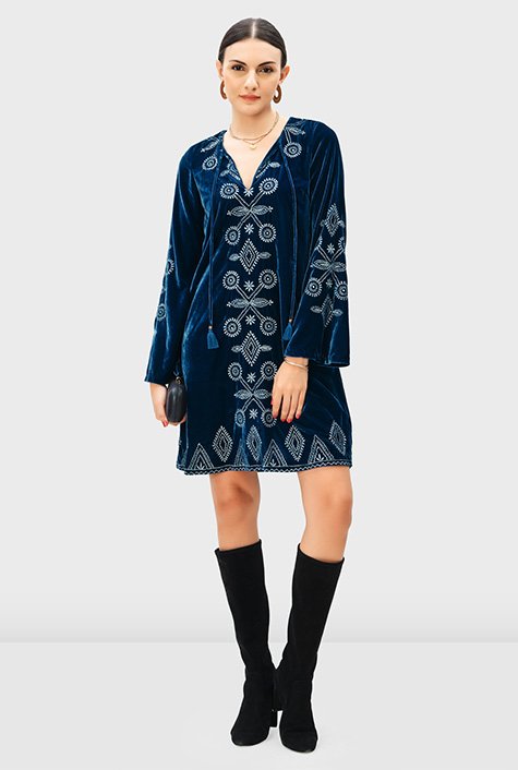 Shop Floral graphic embroidery velvet tunic dress | eShakti