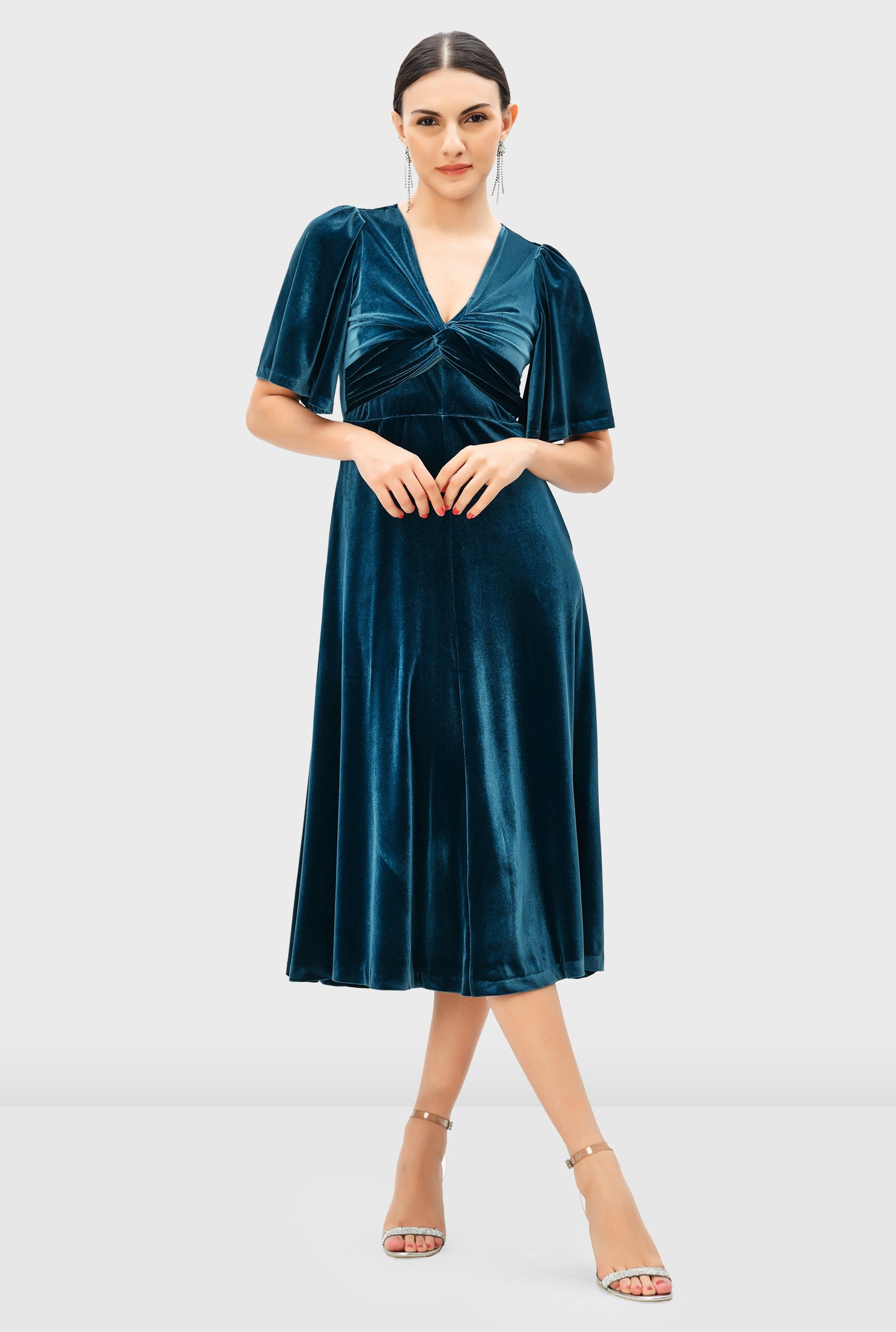 Shop Flutter sleeve stretch velvet twist empire dress | eShakti