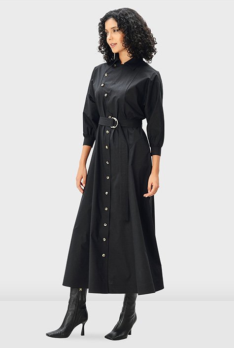 Button front cotton poplin shirt dress