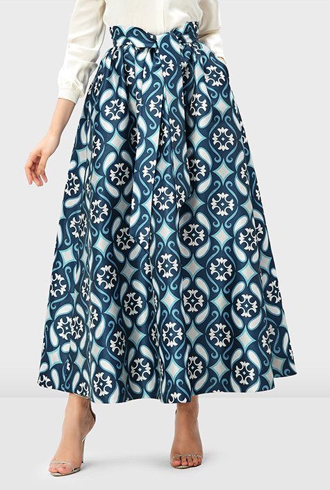 Draped waist paisley tile print dupioni skirt