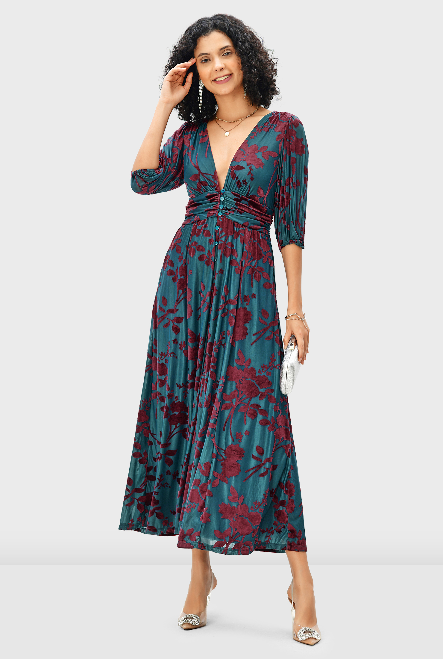 【MURRAL】flake velor dress&Pearl belt Sapphire-Mesh-Burnout-Velvet-