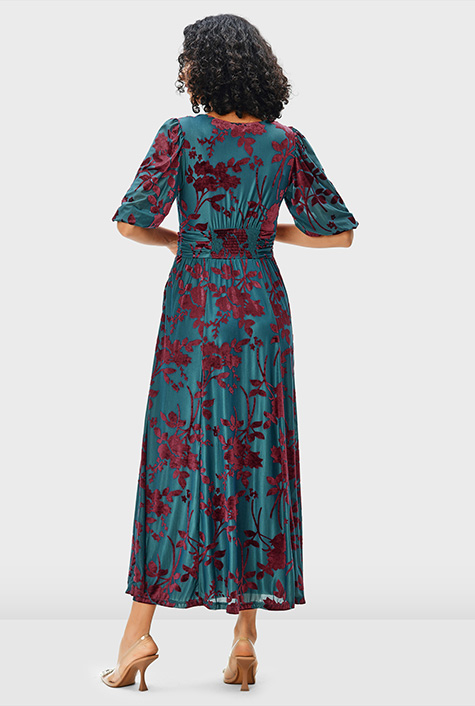 Shop Pleat waist floral velvet burnout dress | eShakti