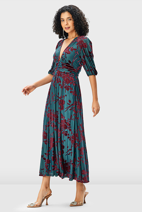 Shop Pleat waist floral velvet burnout dress | eShakti