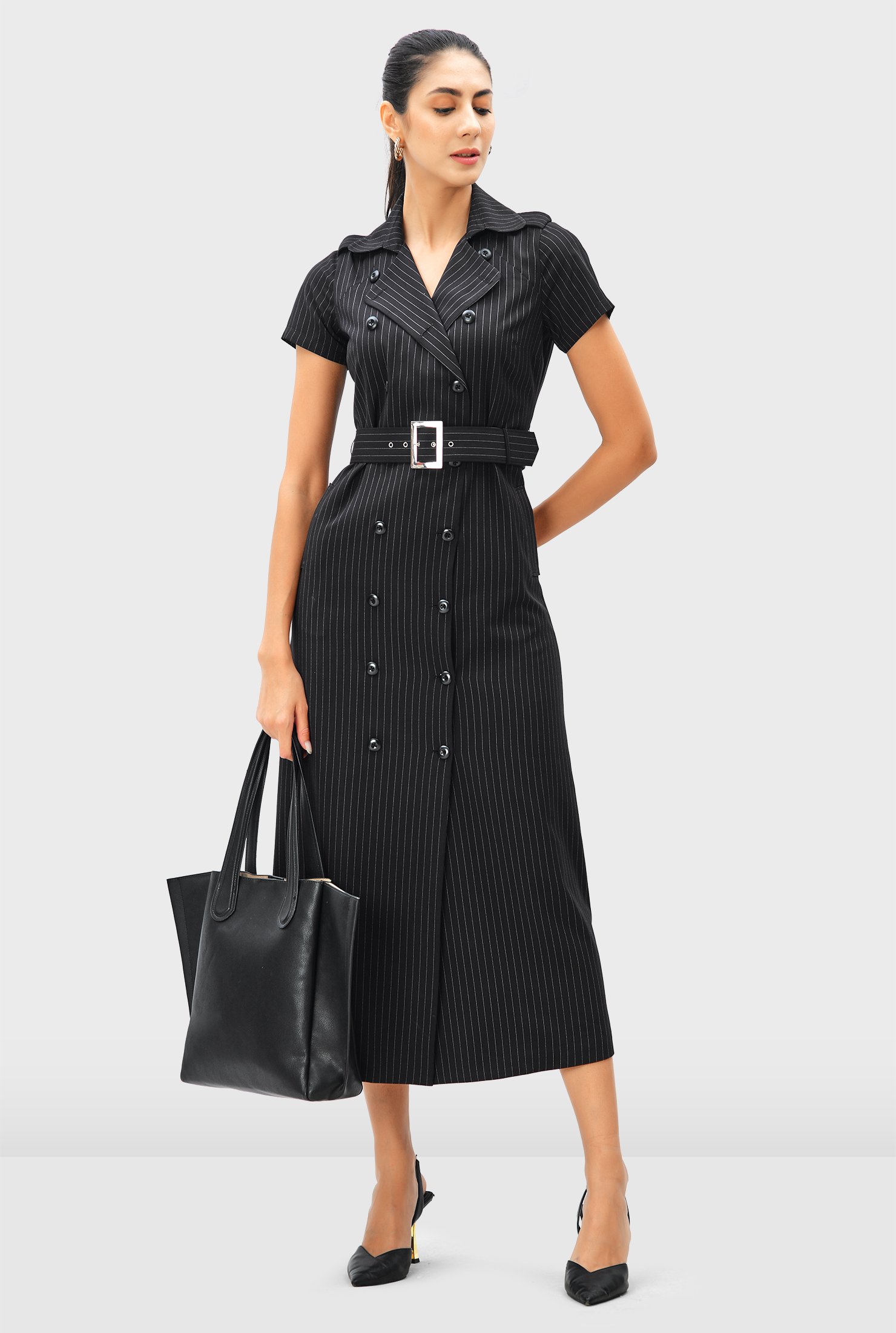 Shop Pinstripe twill suiting coat style dress