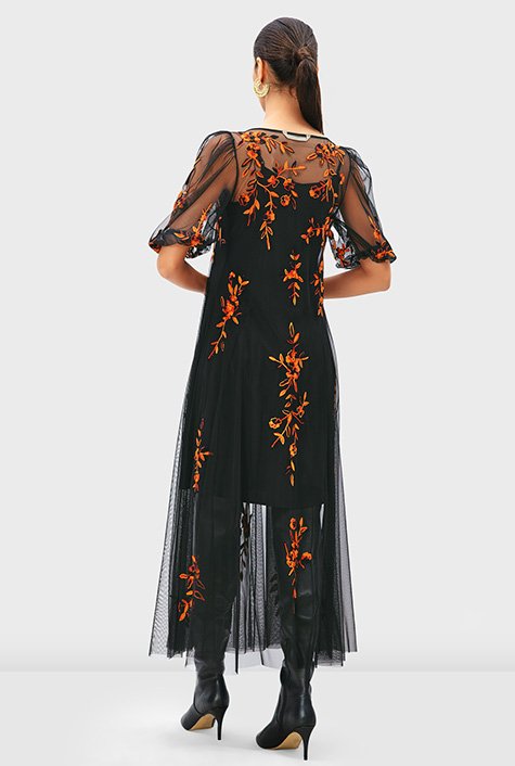 Shop Floral embroidery sheer tulle A-line dress
