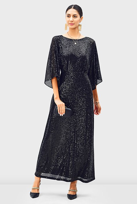 Dolman sleeve sequin mesh A-line dress