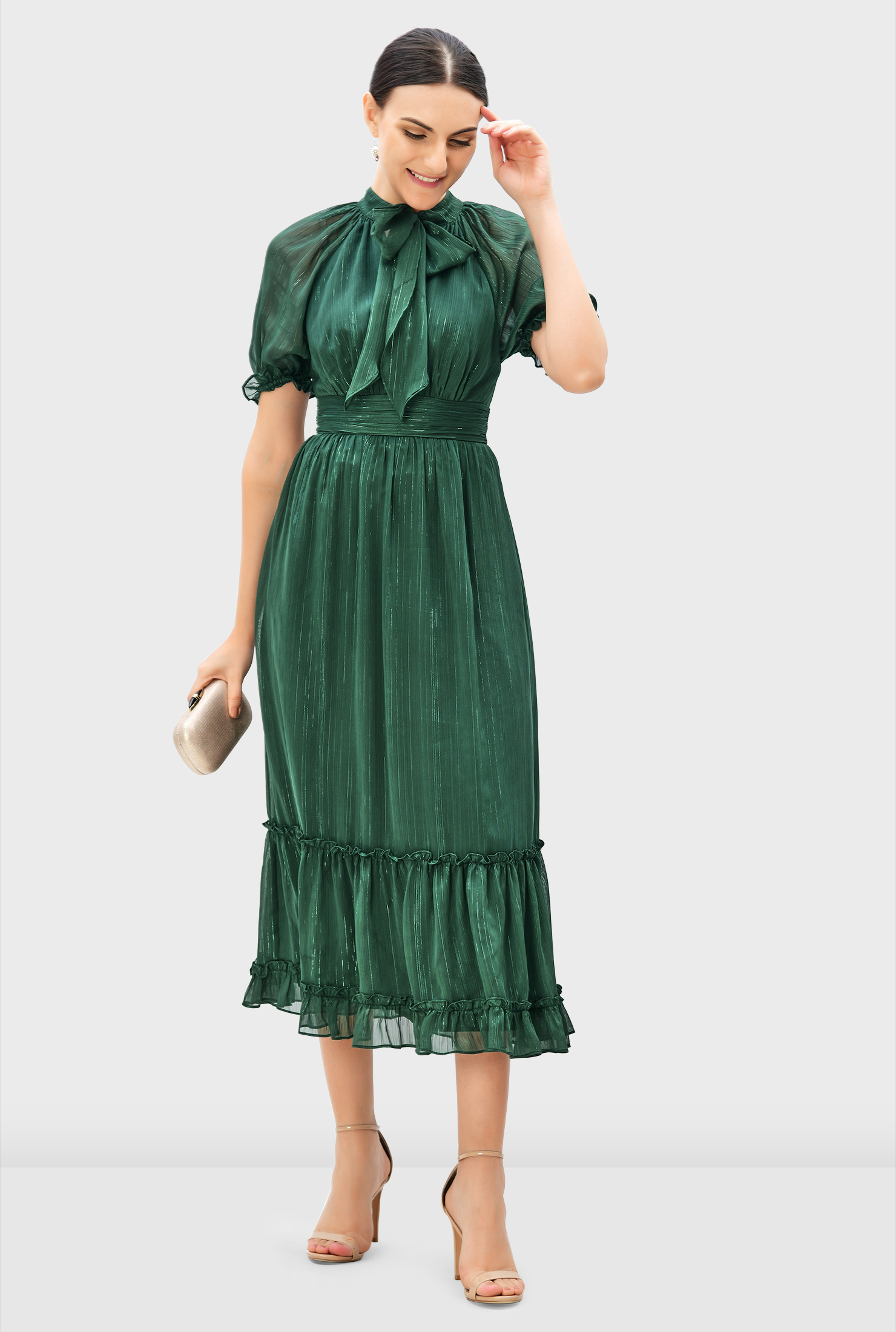 Shop Tie neck lurex stripe chiffon pleat waist dress | eShakti