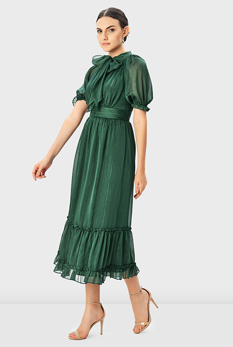 Shop Tie neck lurex stripe chiffon pleat waist dress | eShakti