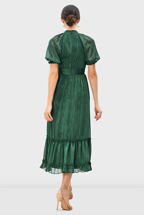Shop Tie neck lurex stripe chiffon pleat waist dress | eShakti