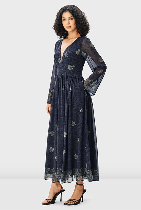 Plunge floral paisley print georgette banded empire dress
