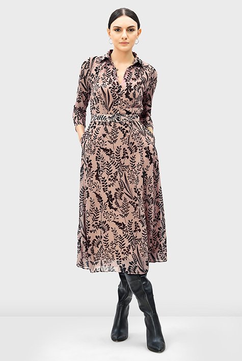 Shop Fern print georgette belted shirt dress | eShakti