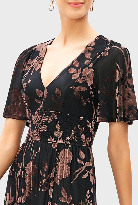 Vented floral velvet burnout smocked waist maxi dress