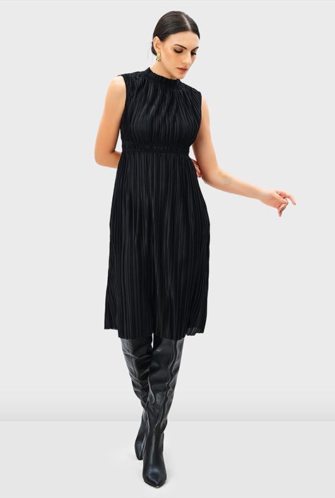 Shop Plisse satin smocked waist A-line dress | eShakti