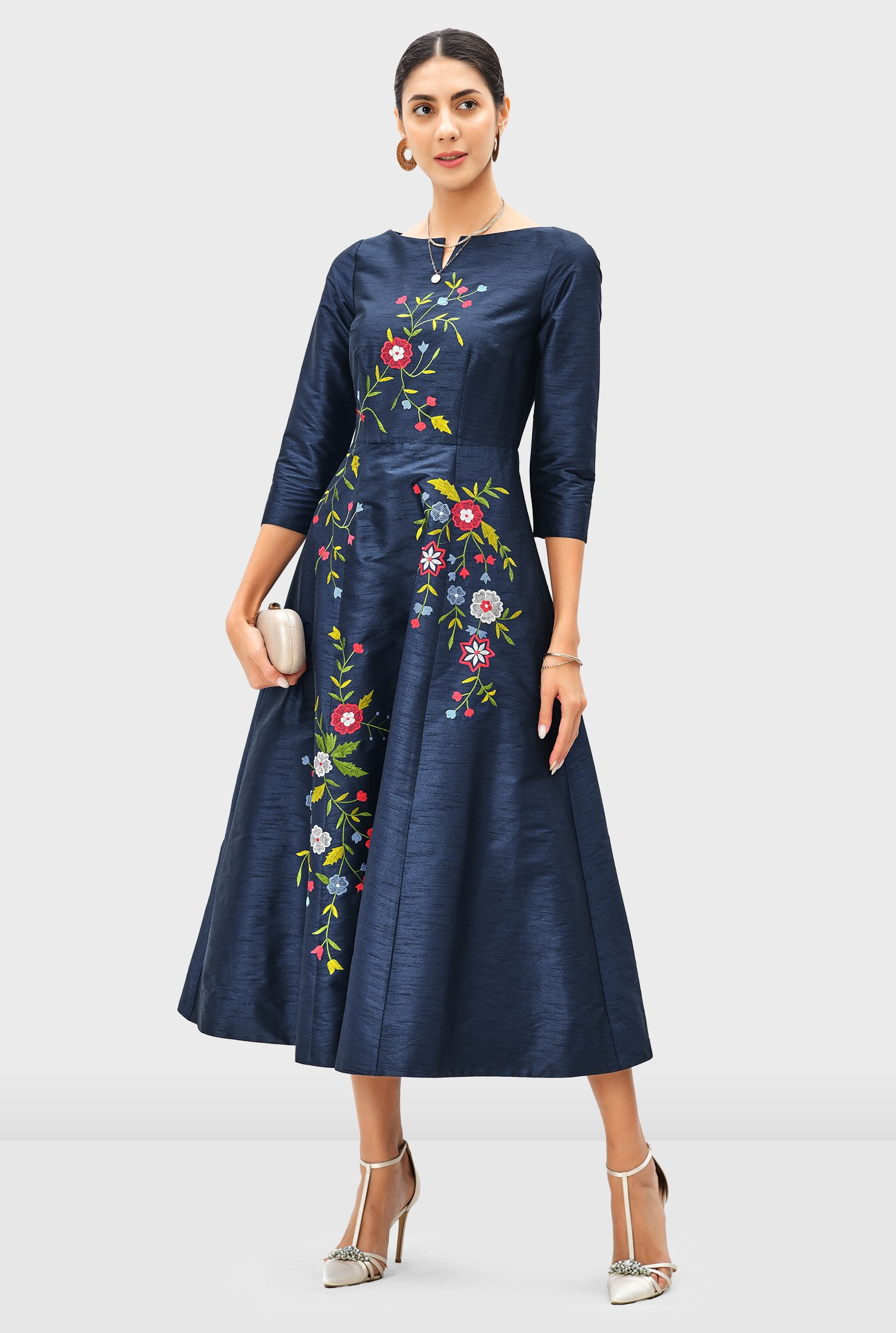 Floral embroidery dupioni A-line dress