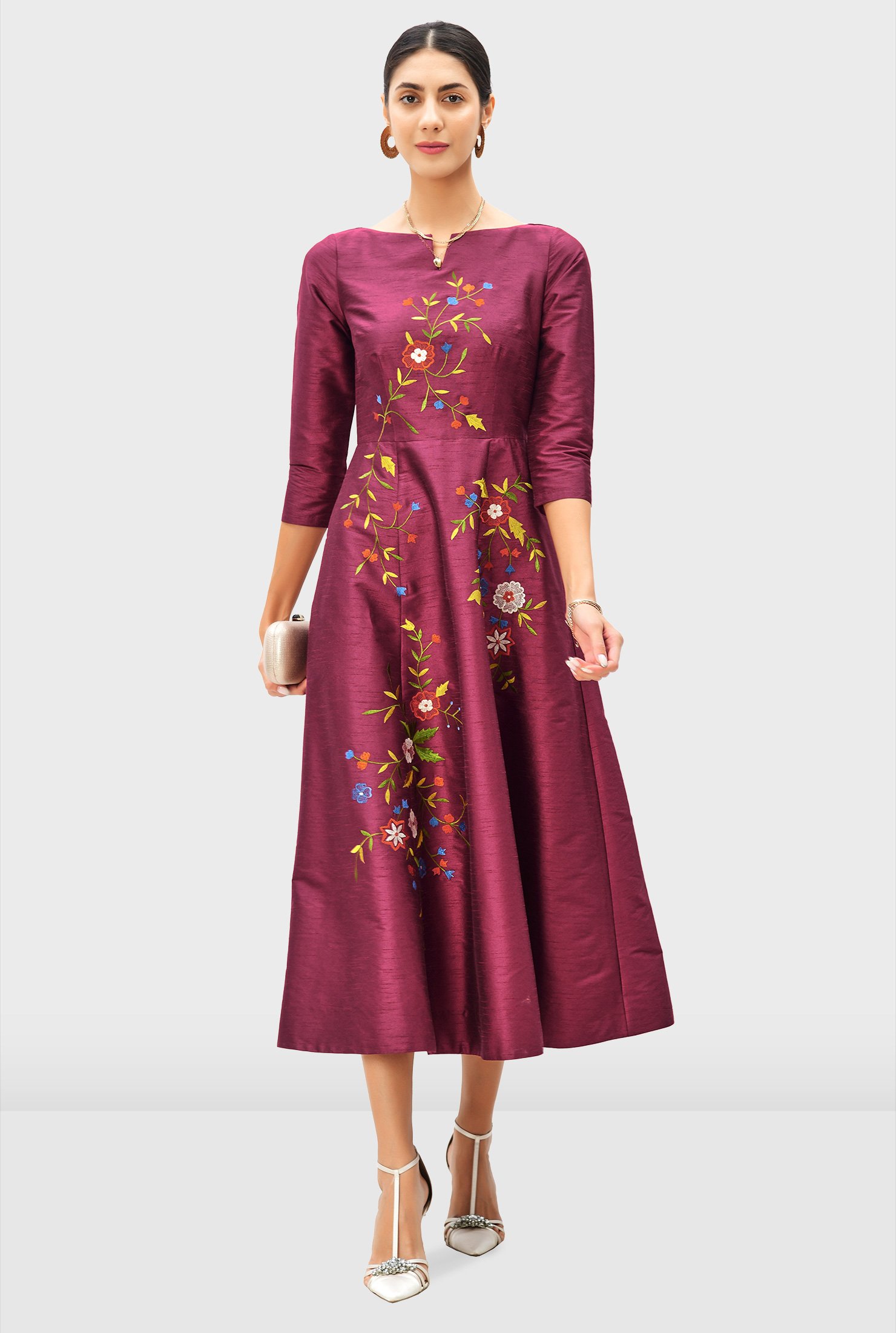 Shop Floral embroidery dupioni A-line dress | eShakti