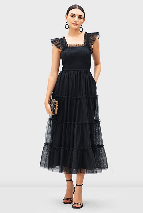 Smocked sheer tulle tiered dress