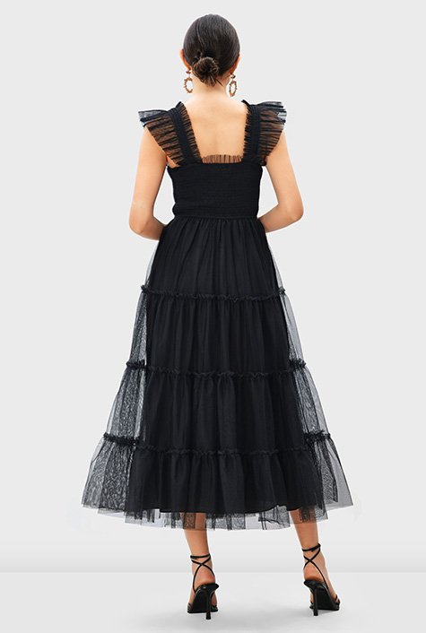 Smocked sheer tulle tiered dress